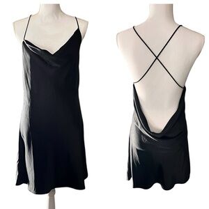 Animari Black Satin Slip Dress Cowl Neck Criss Cross Back Size L LBD